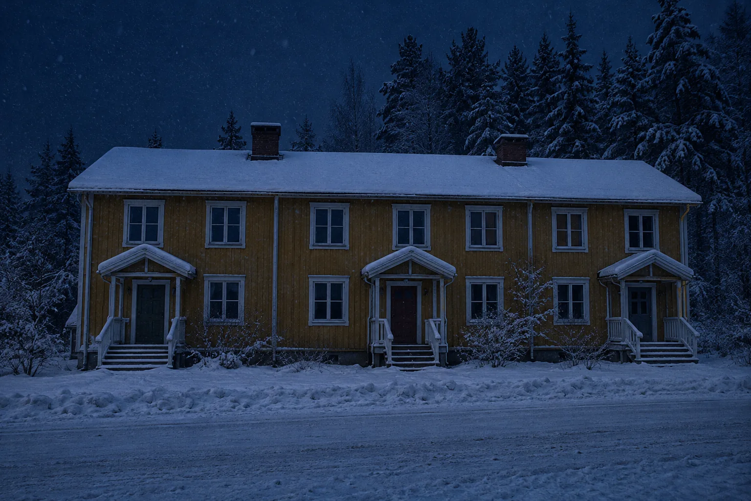 Ett ockragult radhus i trä med tre entréer en vinternatt. Snö på taket och vägen, alla fönster är mörka.